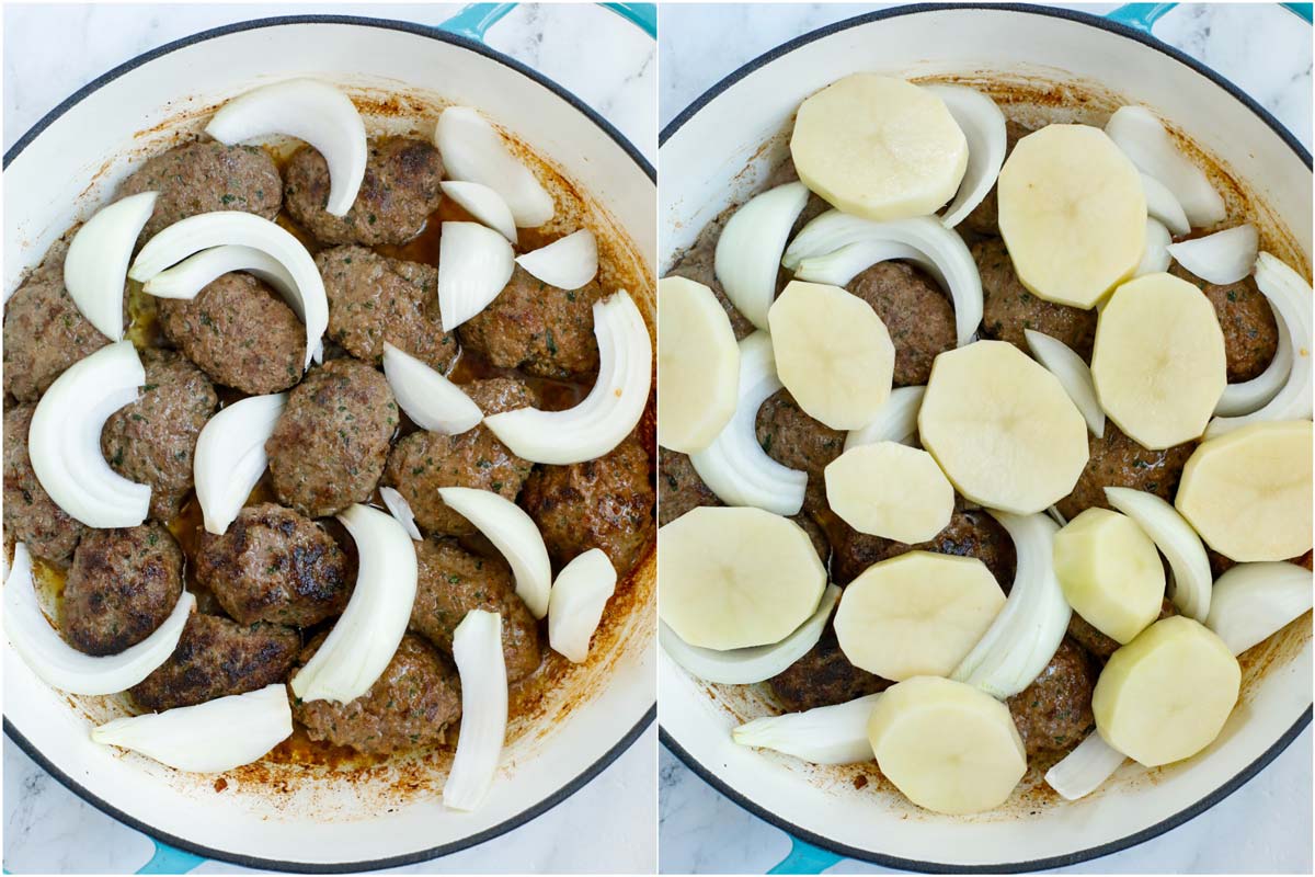 A pot of beef kafta with onions and then potatoes added.