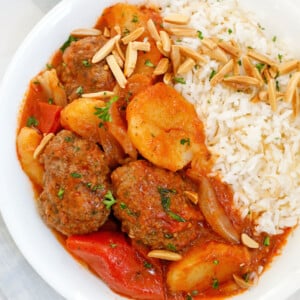 Kafta and potato stew served with vermicelli rice.