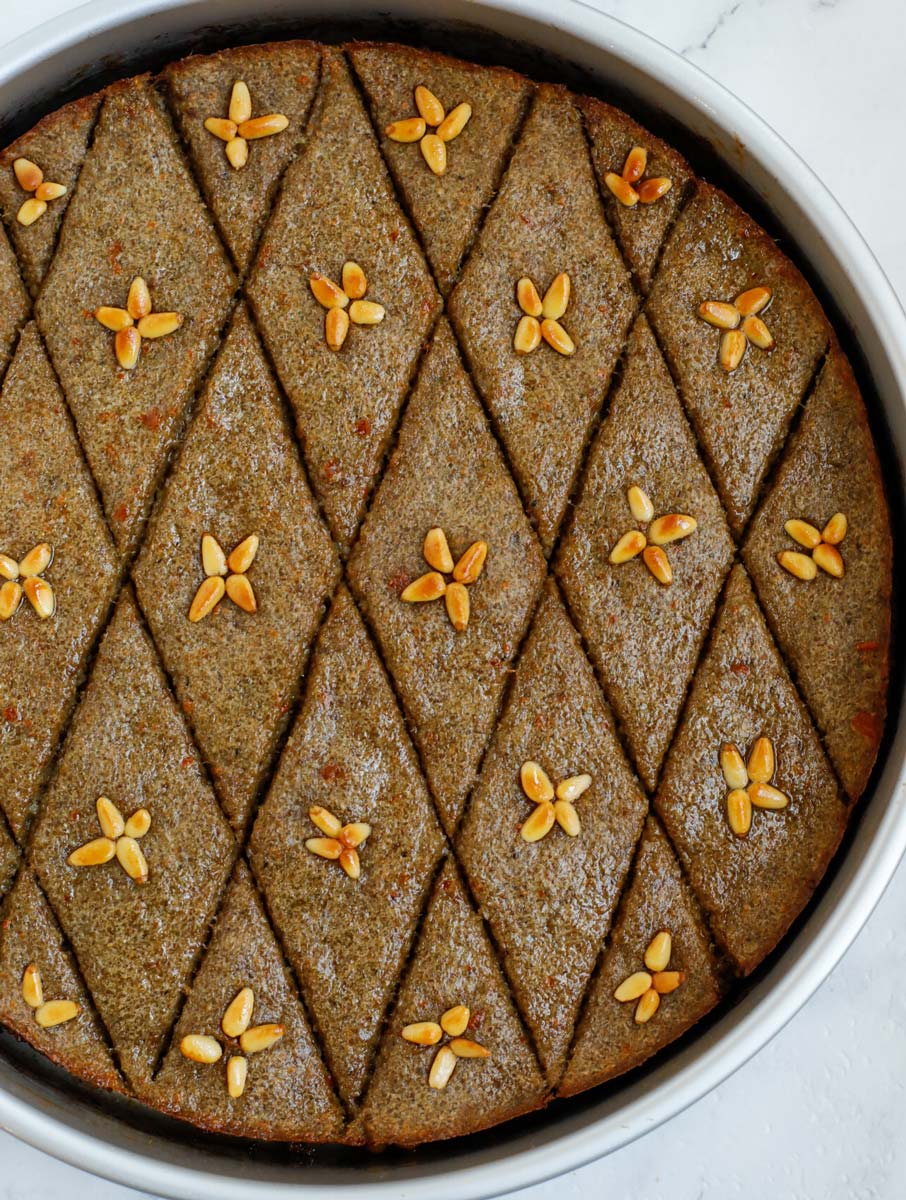 top down show of finished baked kibbeh in a baking dish