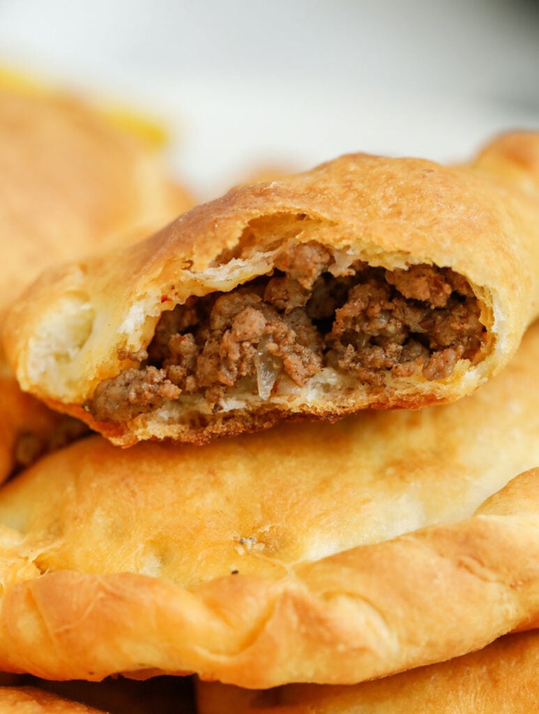 The inside of a baked Lebanese meat pie.