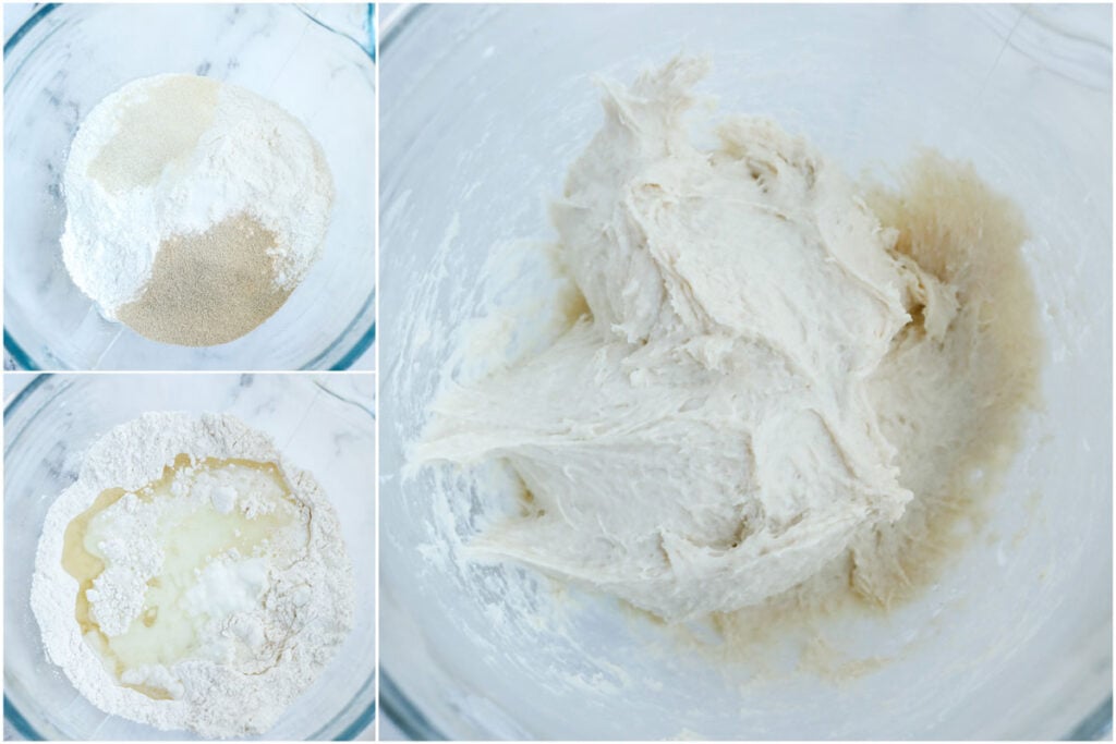 Making the meat pie dough: set of three photos showing the dry ingredients being mixed with wet then kneaded.