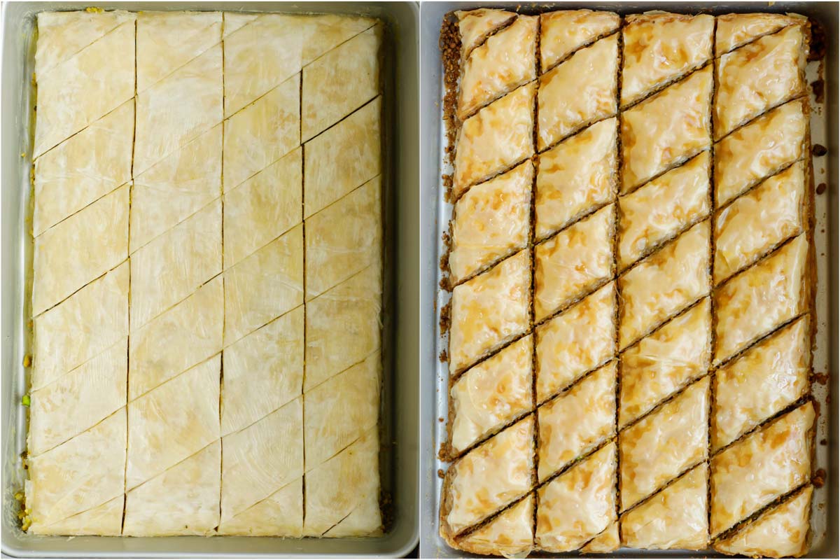 Before and after baking pistachio baklava in a pan.