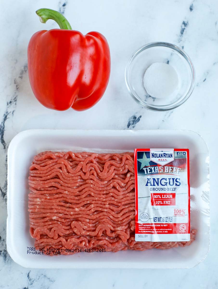 ground beef, red bell pepper and salt laid out for beef puree