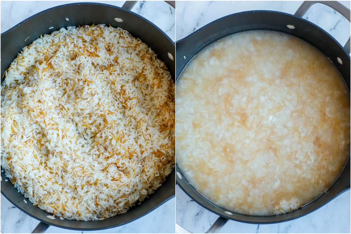 vermicelli rice in a pot before and after adding water