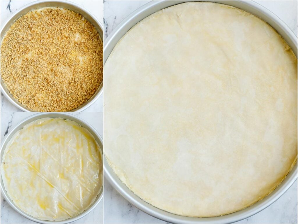 Set of three photos showing walnuts put on top of phyllo, then more phyllo layered on top.