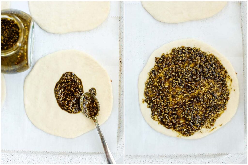 top down show spreading the zaatar on the dough