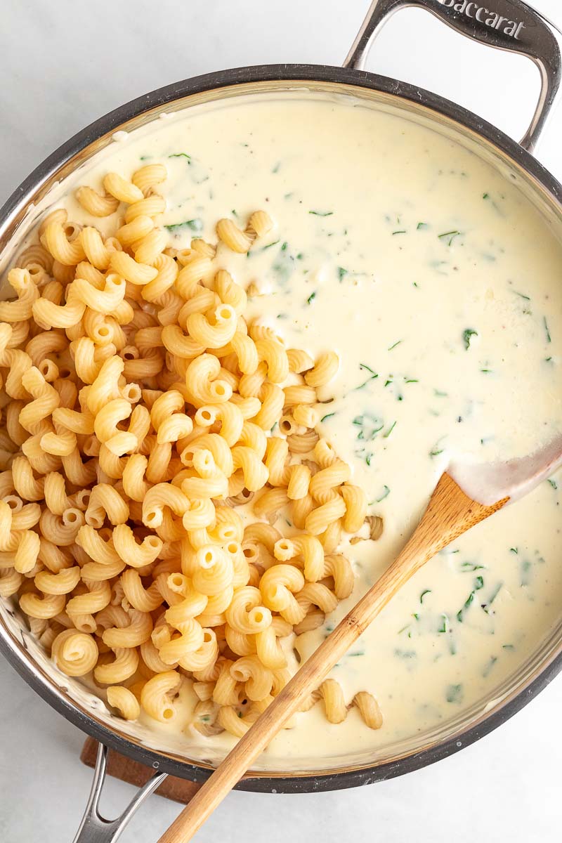 pasted added to the creamy spinach mac sauce