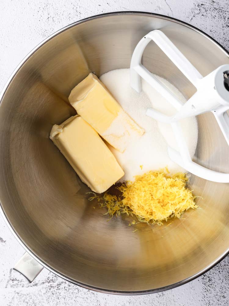 butter sugar and lemon zest in a mixer bowl