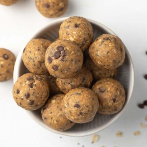 top down shot of no bake energy balls in a bowl