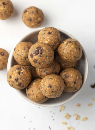 top down shot of no bake energy balls in a bowl