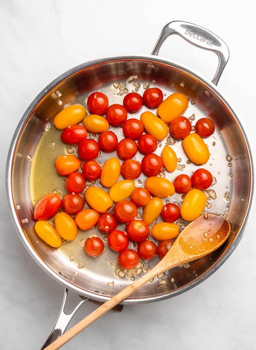 cherry tomatoes in a skillet