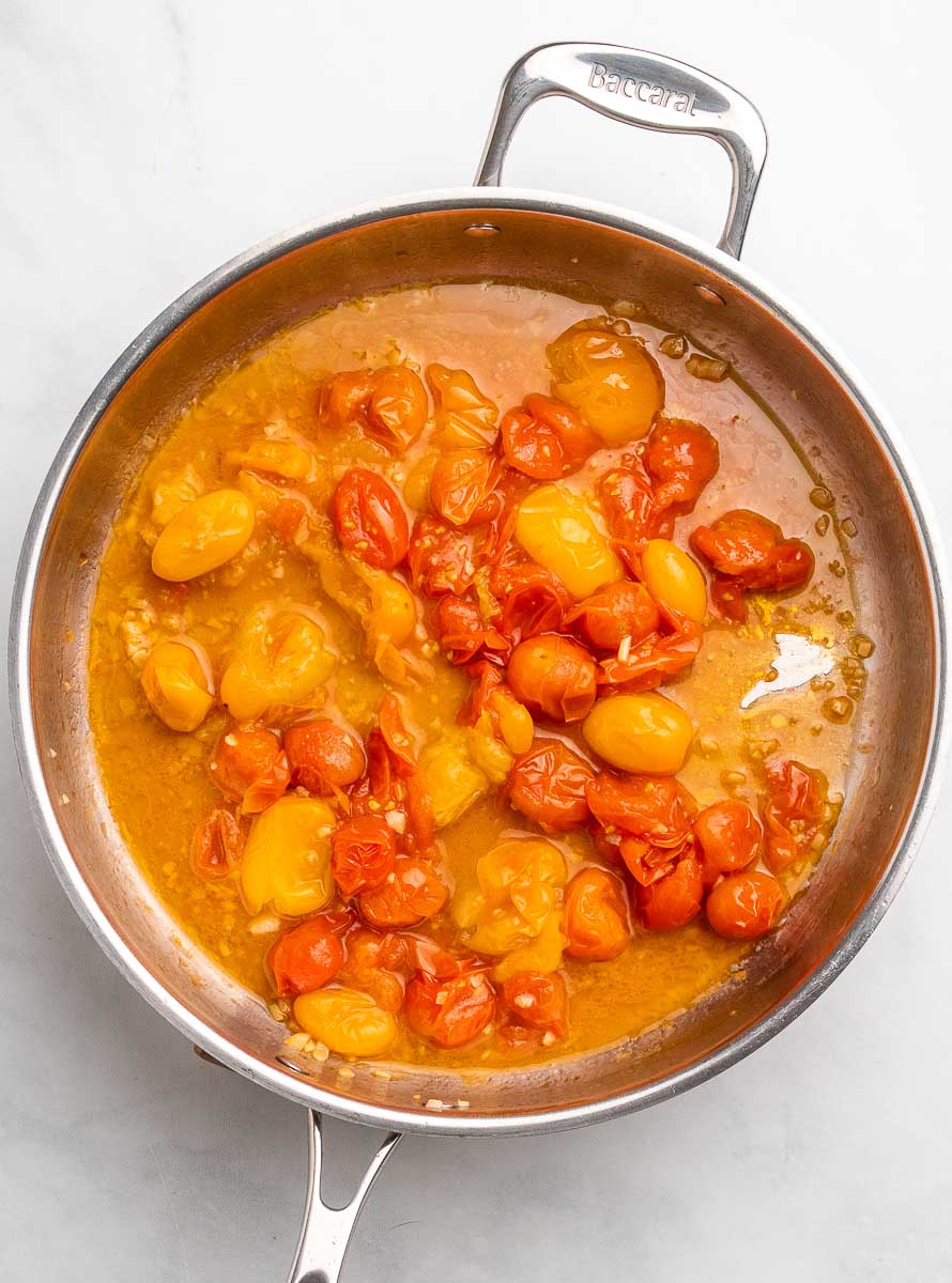 cherry tomato sauce in a skillet