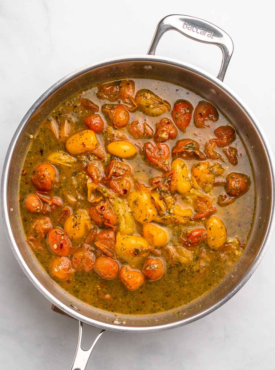 tomato pesto sauce in a skillet