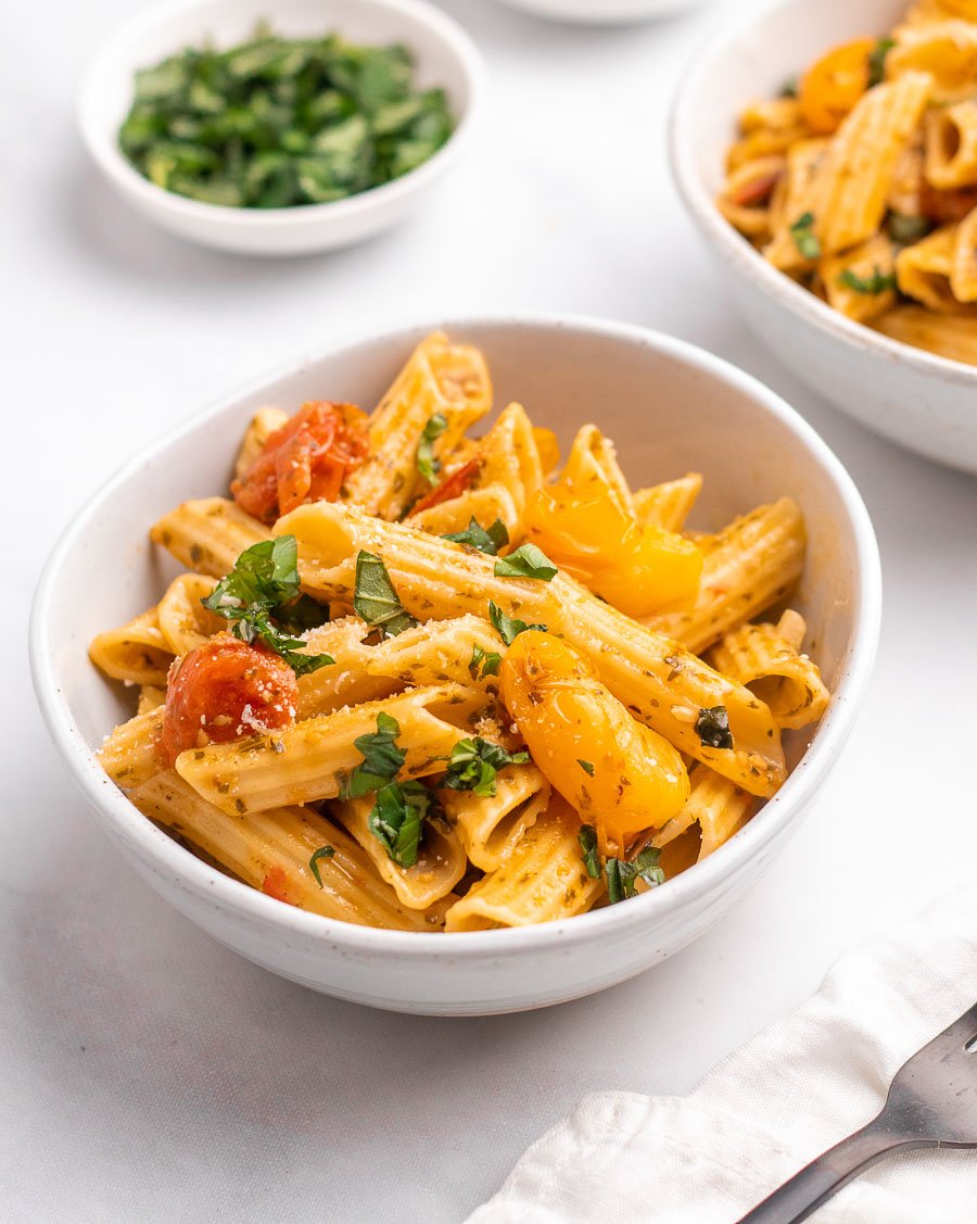 cherry tomato pasta in a whole bowl