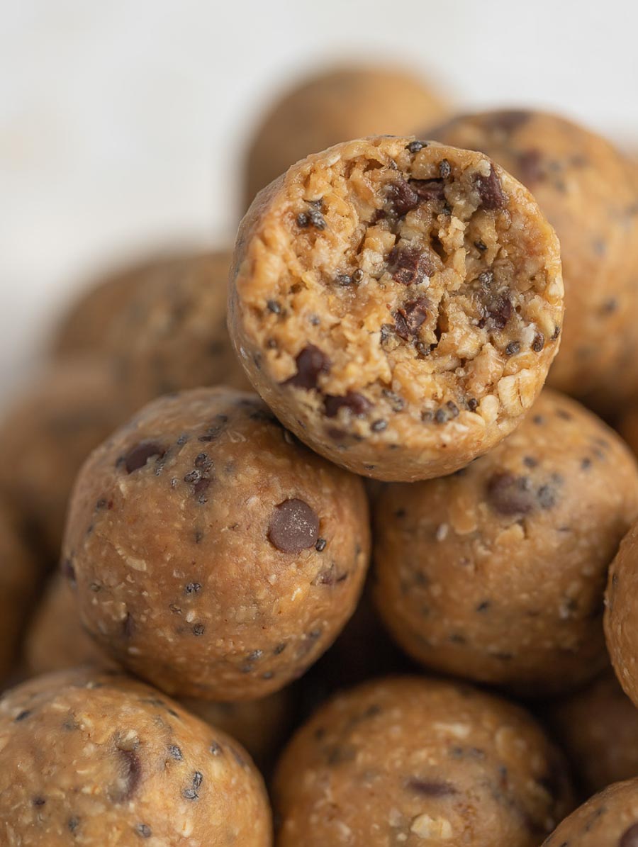 close up of an energy ball with a bite taken out of it