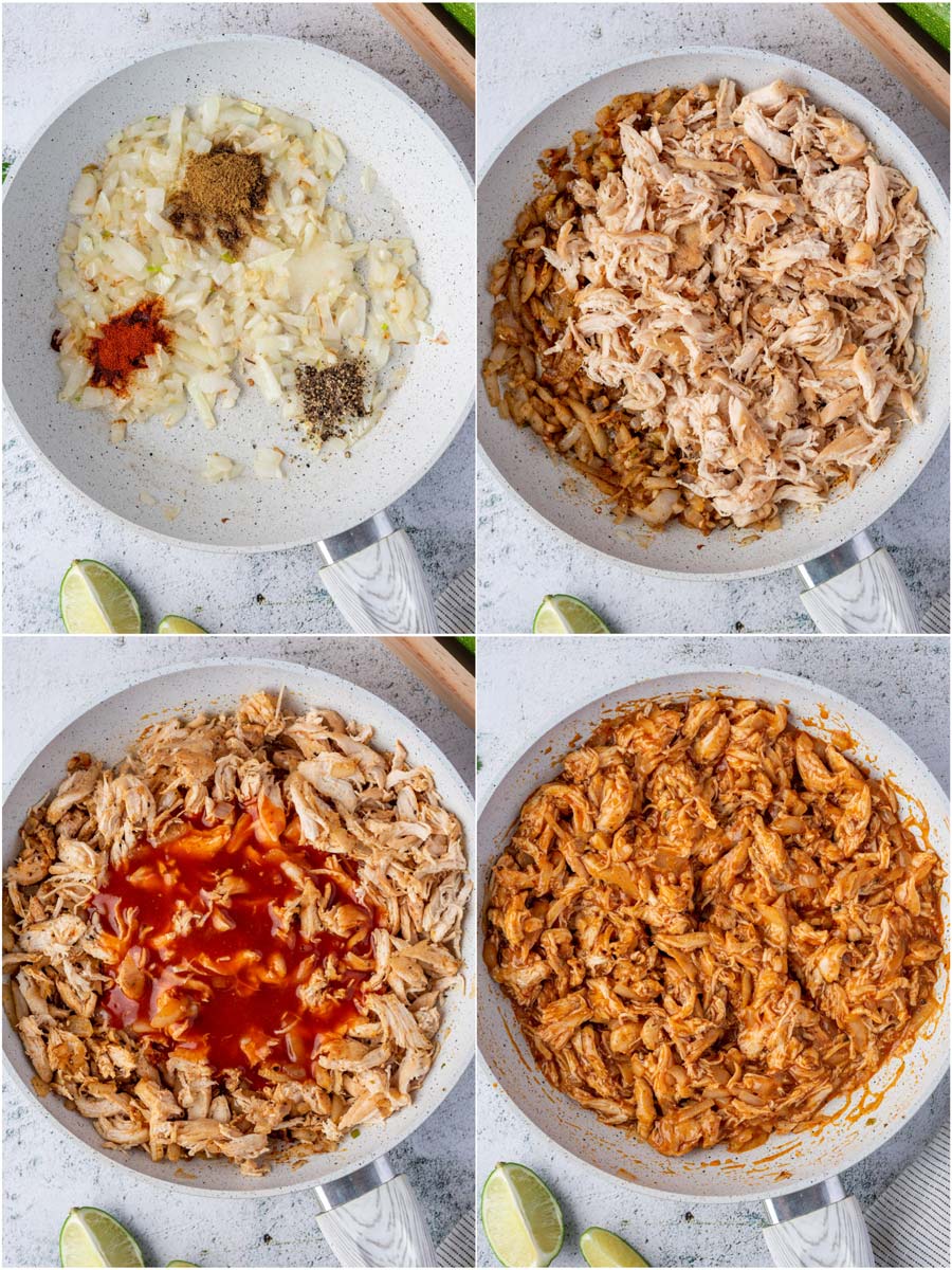 photo collage showing process shots of making the chicken enchilada stuffing