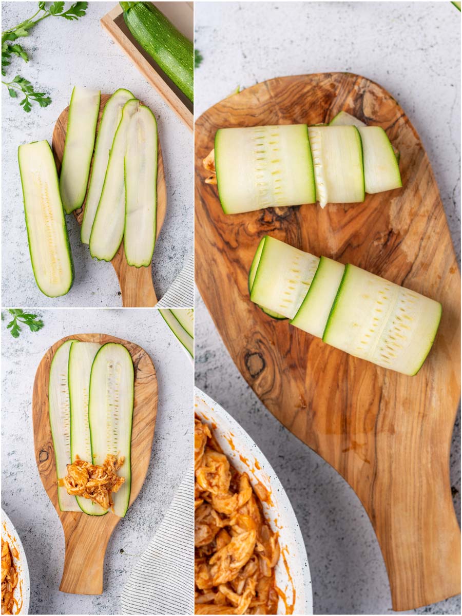 process shots showing the chicken enchilada stuffing being stuffed into the zucchini slices