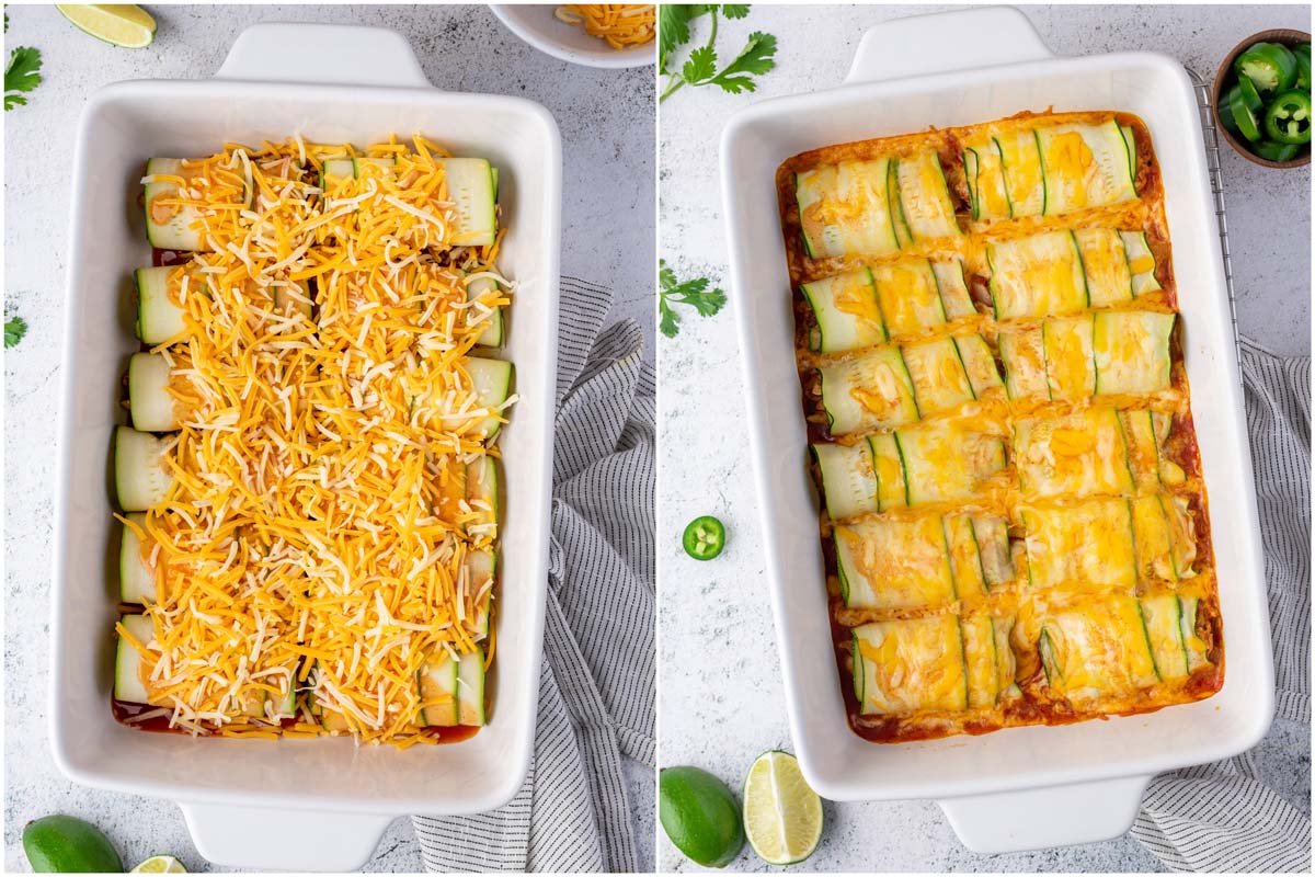 stuffed chicken enchiladas in a baking dish topped with cheese before and after baking