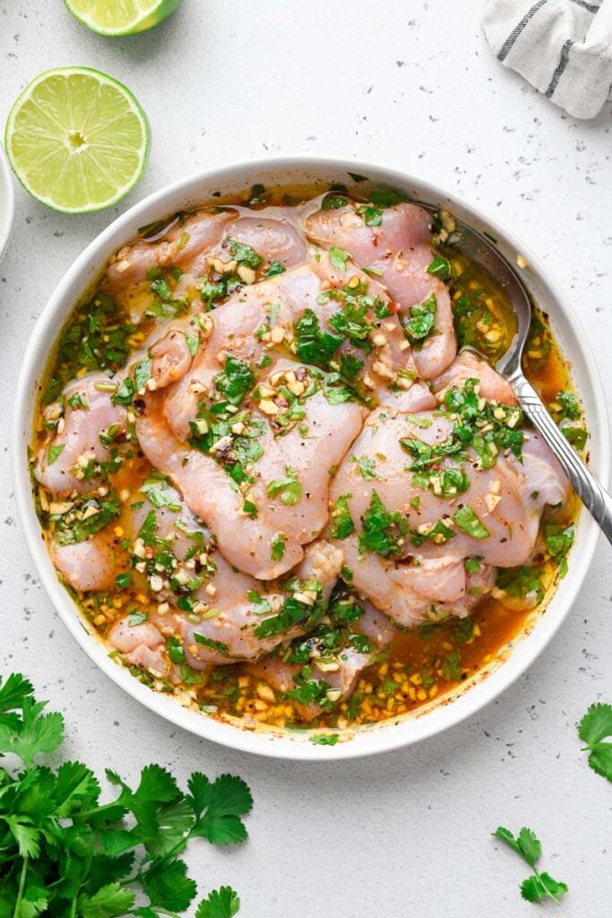 top down shot of the marinated cilantro lime chicken in a bowl