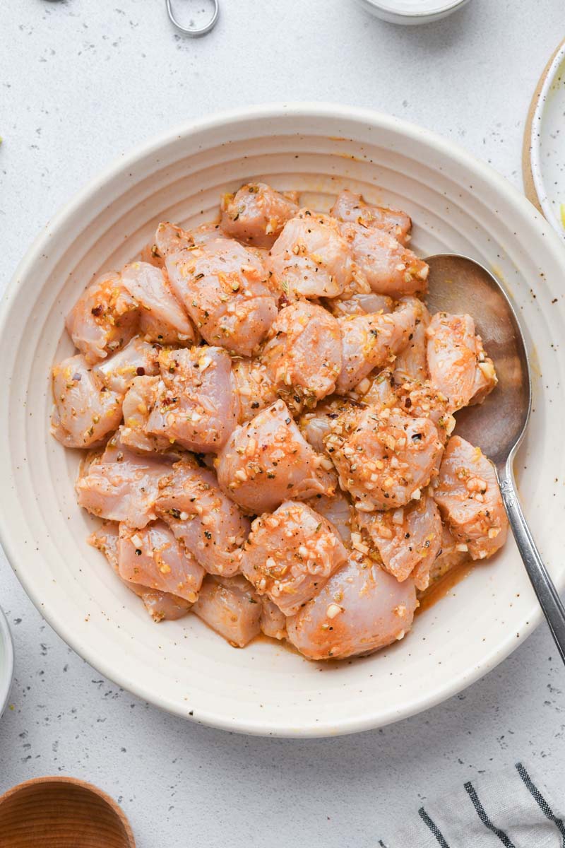 marinated chicken cubes in a plate