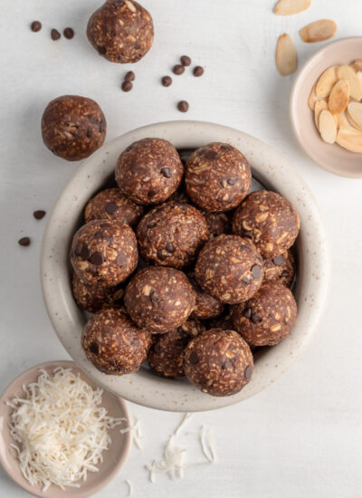 top down shot of almond joy energy balls in a bowl