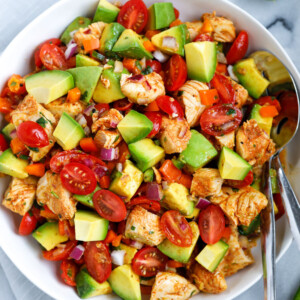 Overhead view of a bowl of avocado chicken salad.