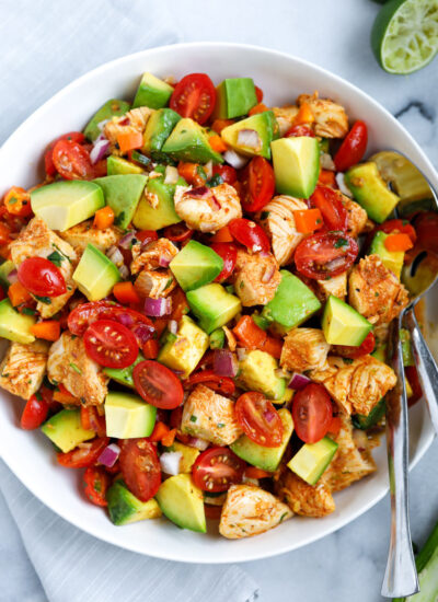 Overhead view of a bowl of avocado chicken salad.