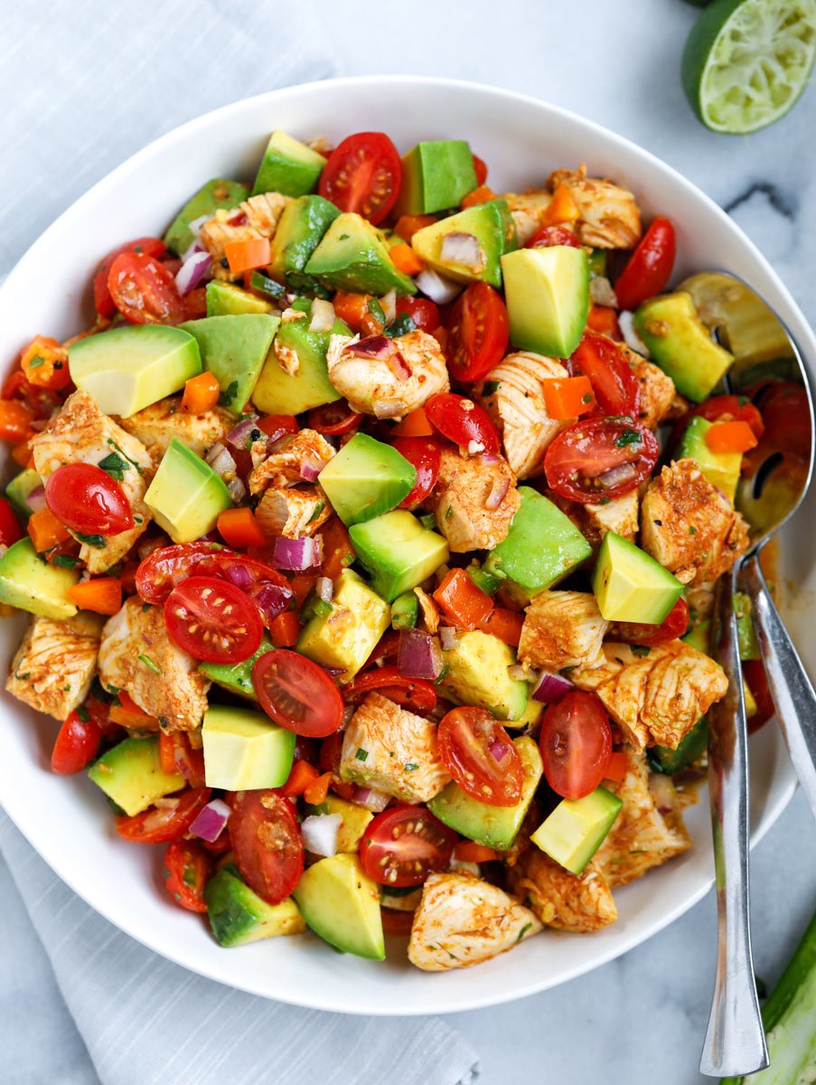 Overhead view of a bowl of avocado chicken salad.