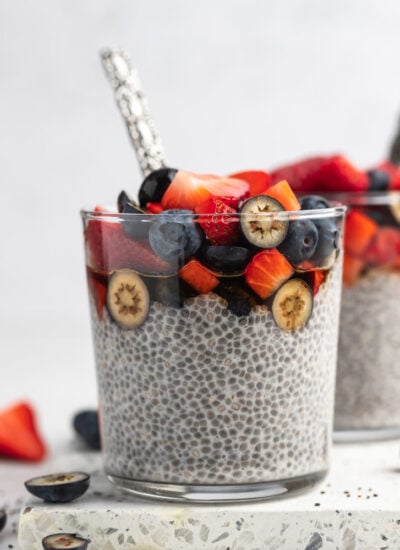 close up shot of the chia pudding topped with fruits