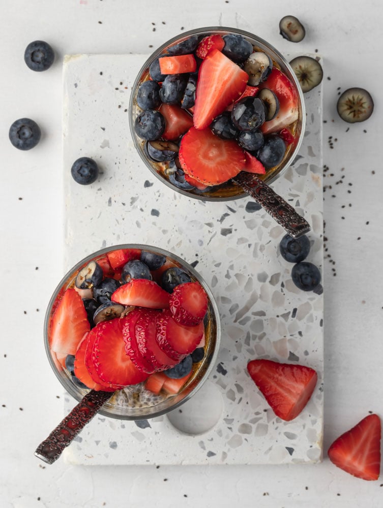 top down shot of the chia seed pudding showing the toppping