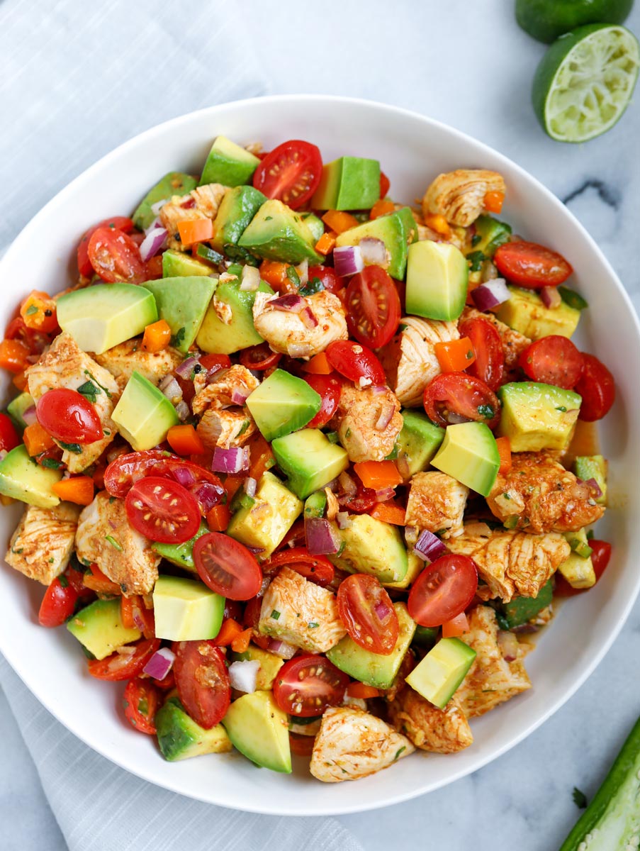 Overhead view of a bowl of avocado chicken salad.