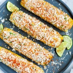 Mexican street corn on a plate.