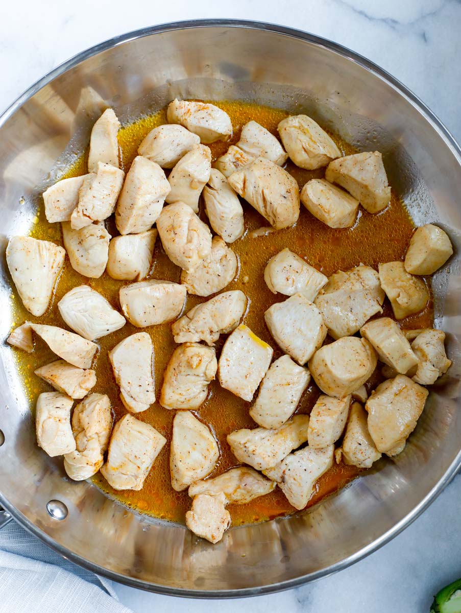 Cooked chicken in a pan.