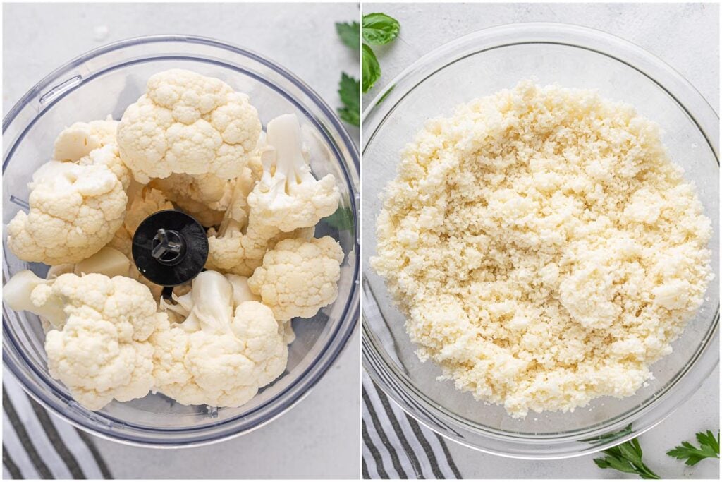 cauliflower in a processor and in a bowl after processed