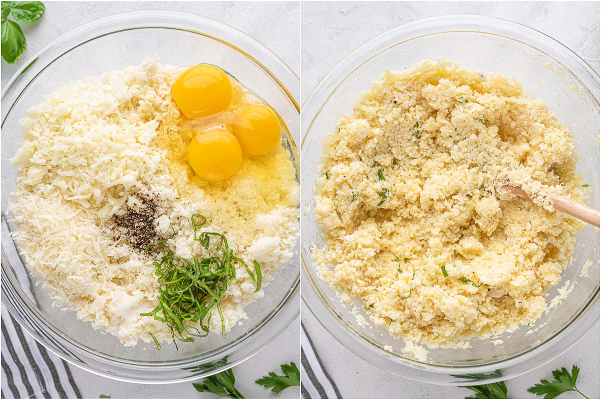 cauliflower crust base mixed in a bowl