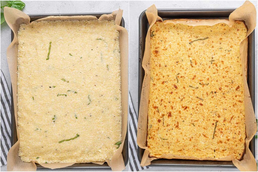 top down shot of cauliflower breadstick crust before and after baking