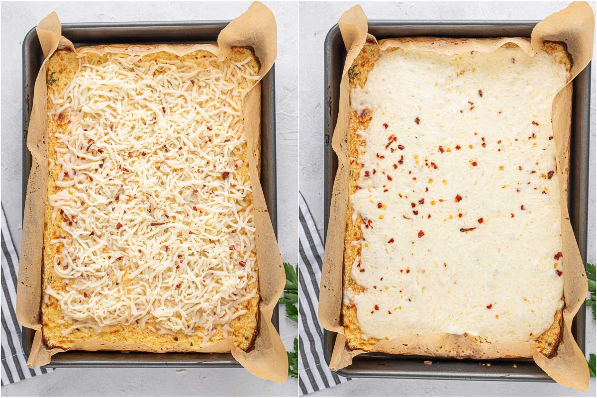 top down shot of cauliflower bread sticks before and after baking