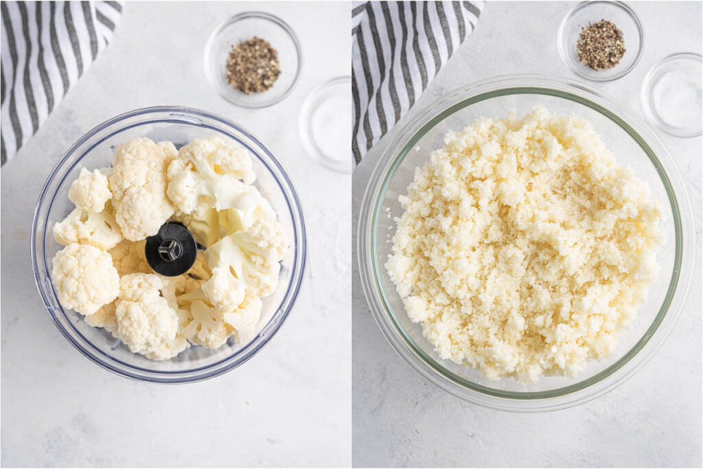cauliflower before and after processing in a food processor