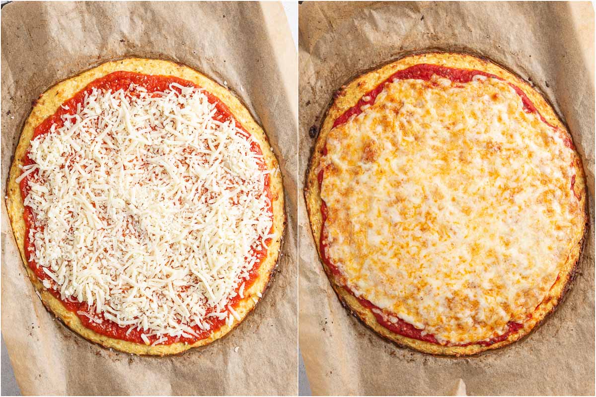 cauliflower pizza before and after baking