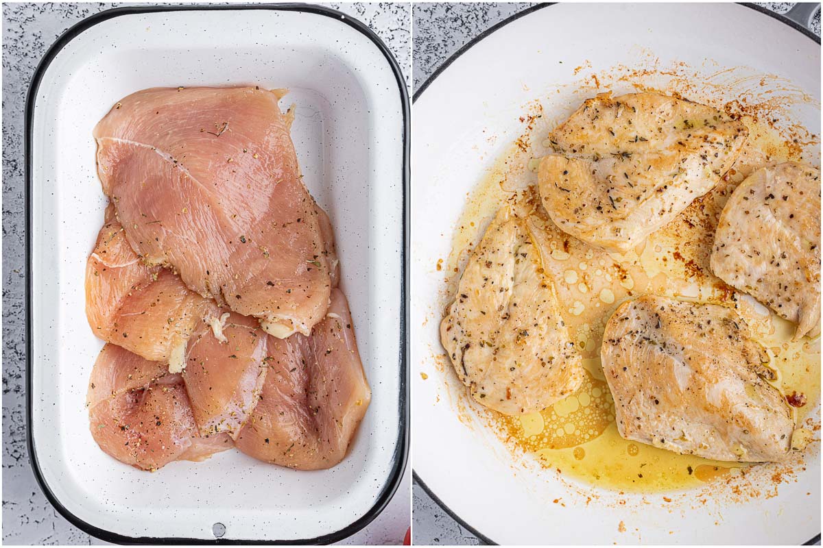 before and after marinated chicken is cooked for the caprese chicken