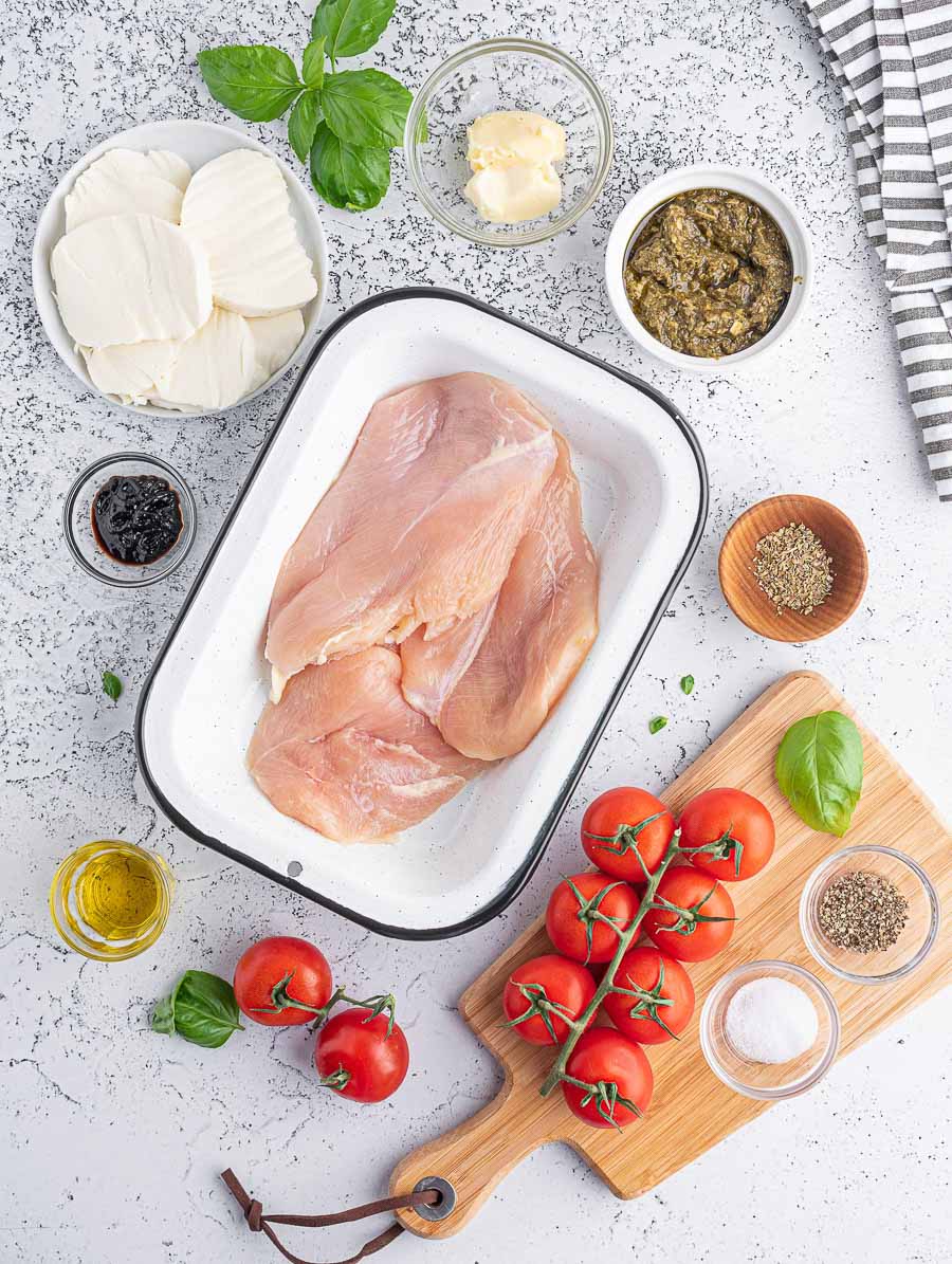 top down shot showing ingredients of the caprese chicken