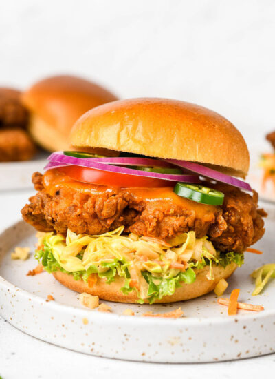 Close up of a crispy chicken sandwich.