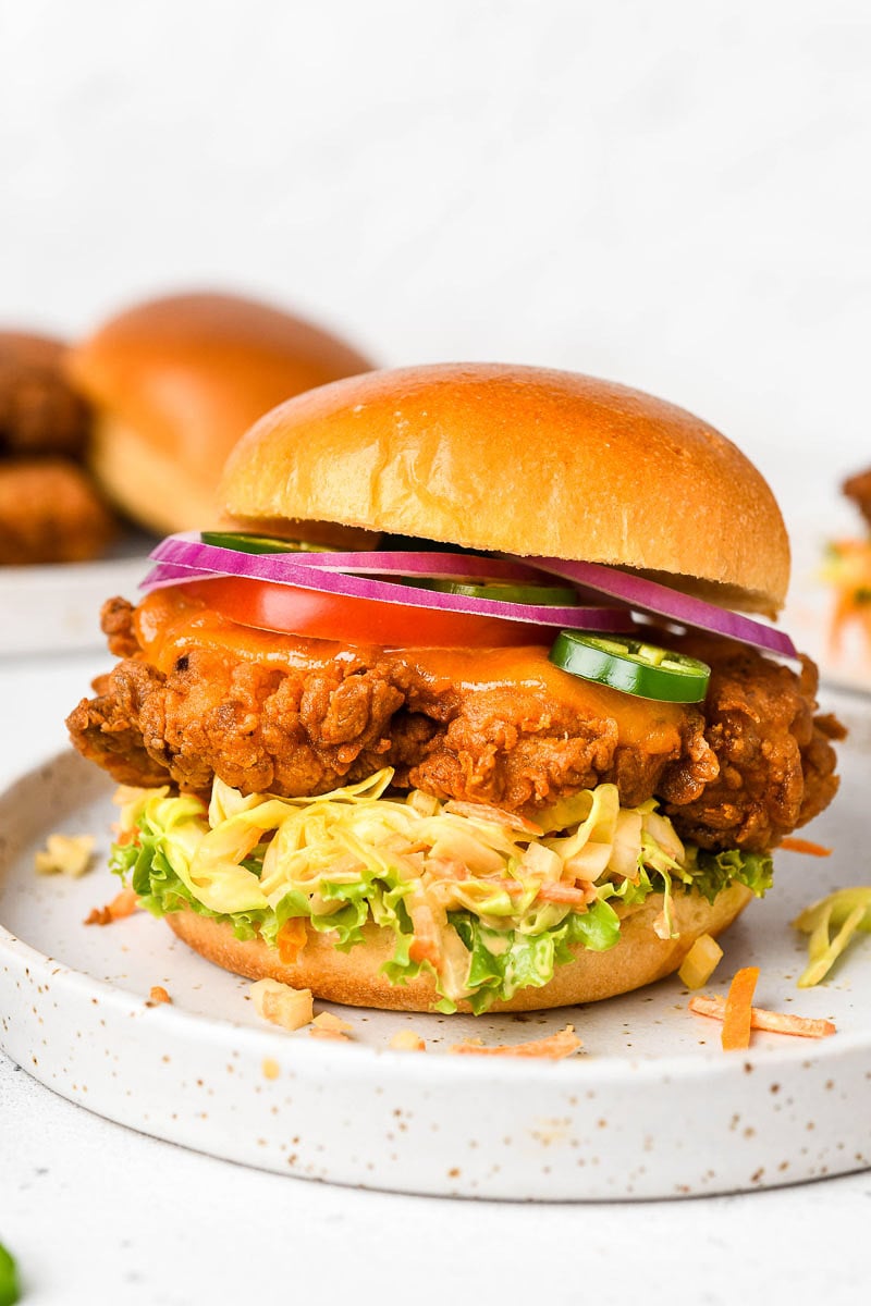 Close up of a crispy chicken sandwich.