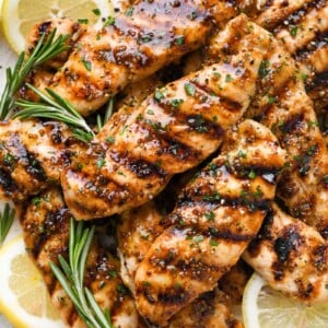 Close up of a plate of grilled honey mustard chicken.