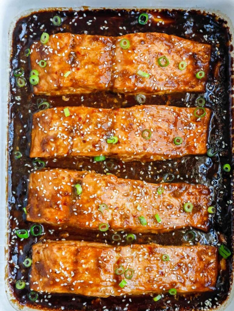 Teriyaki salmon in a baking dish.