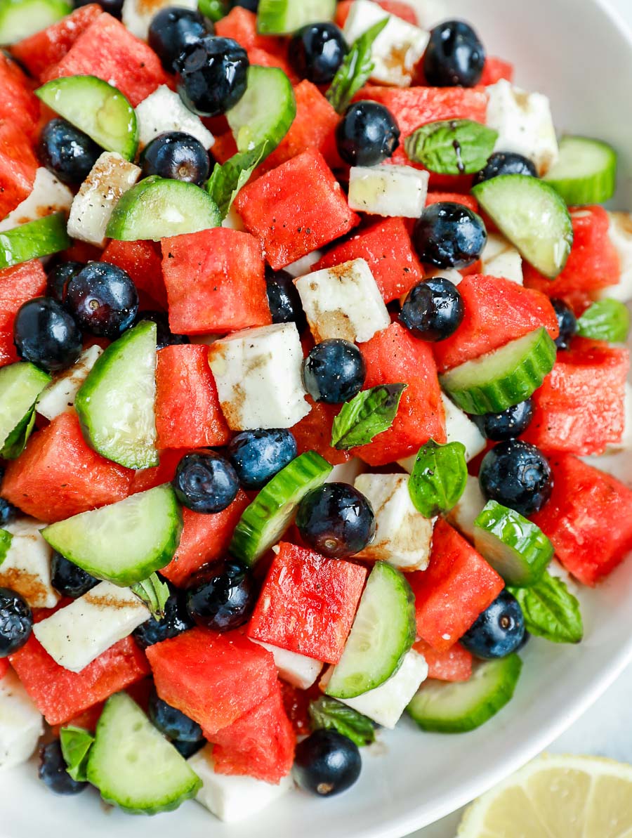 close up shot of the watermelon salad