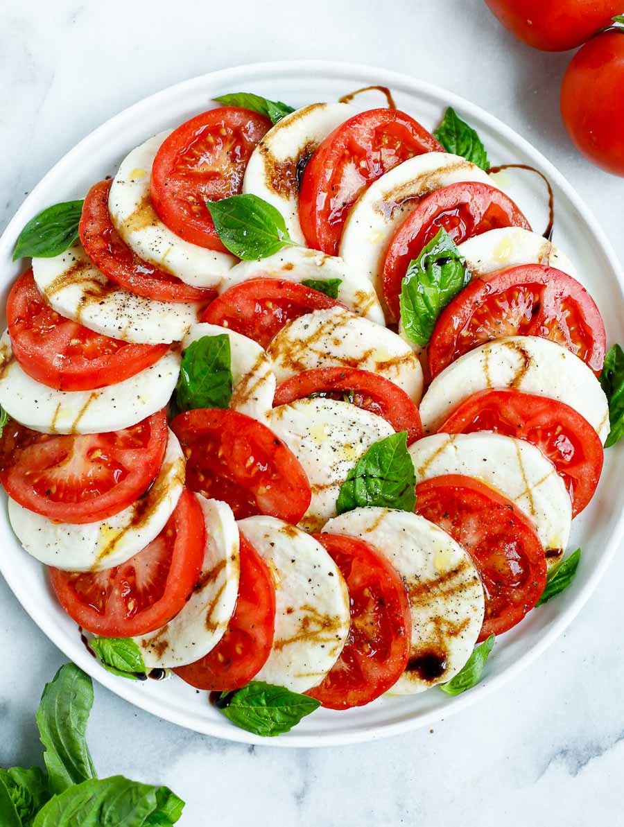 top down final shot of the caprese salad dish