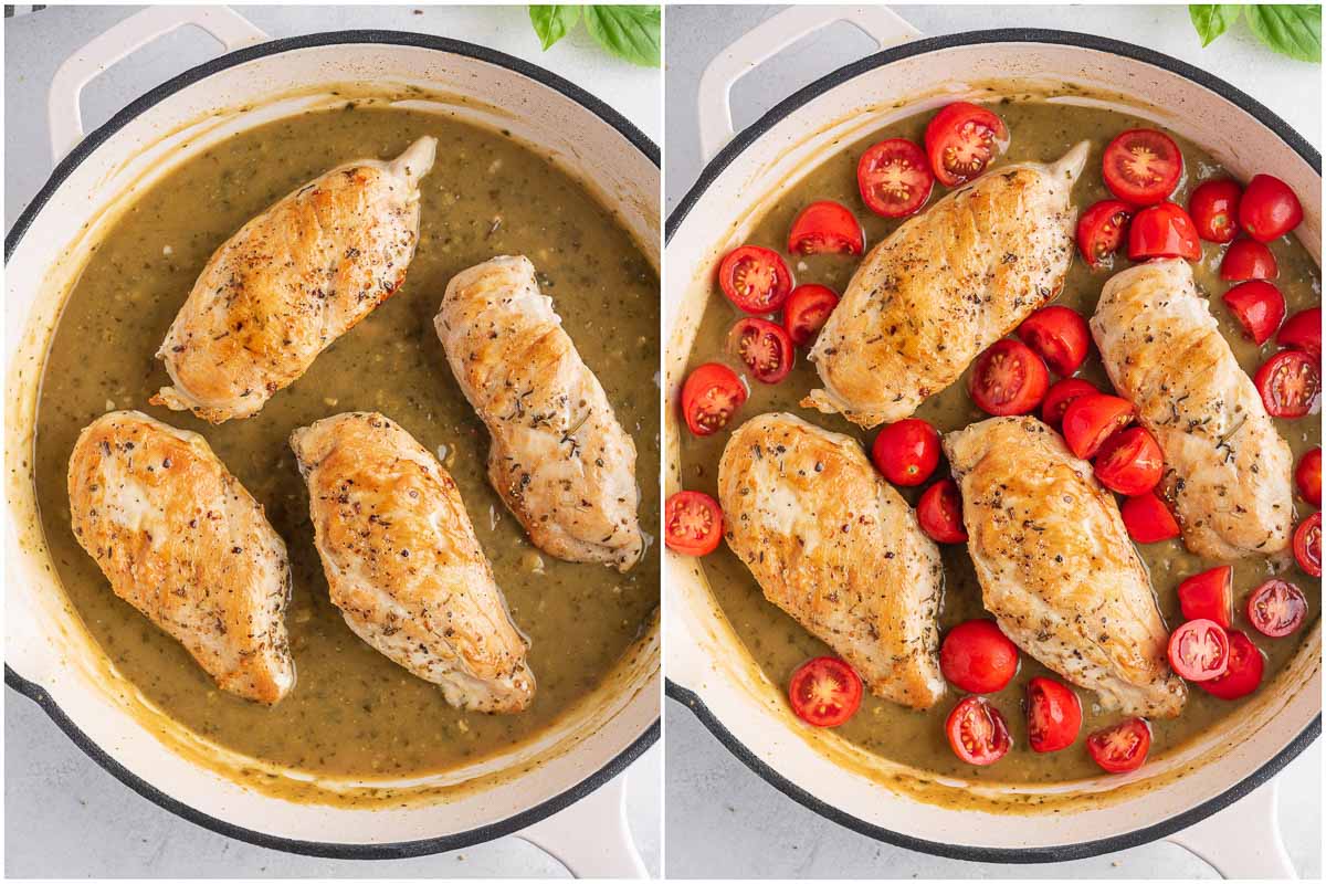 chicken margherita being assembled in a skillet