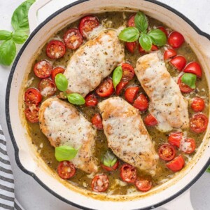 top down shot of the cheesy chicken Margherita skillet