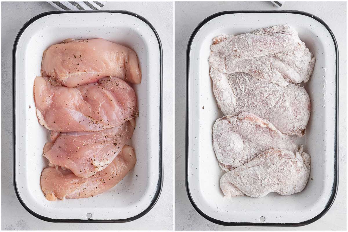 marinated chicken breast before and after dipping into flour